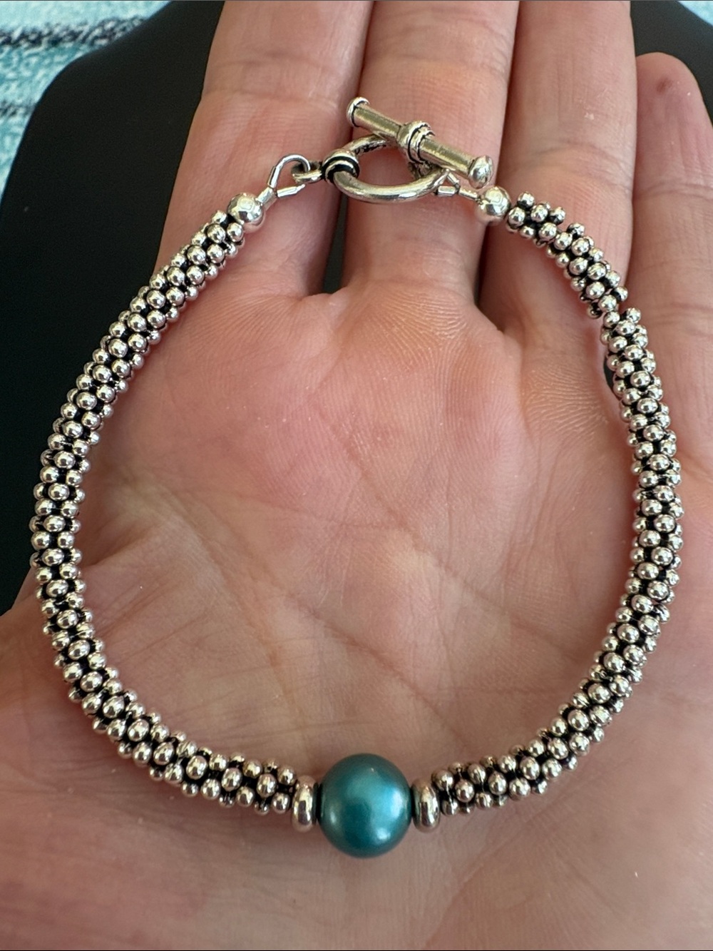 Handmade Sterling Silver Caviar Style Turquoise Dyed Pearl Bracelet 7.5” - Picture 2 of 6